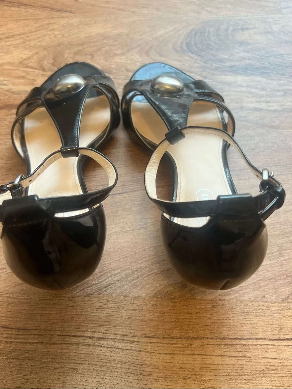 Vintage Coach Black Patent Leather T-Strap Heels with Silver Medallion